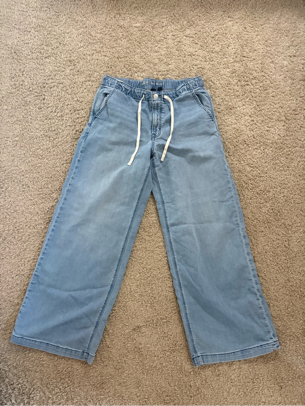 American Eagle Outfitters Light Blue Relaxed Wide-Leg Jeans with Drawstring
